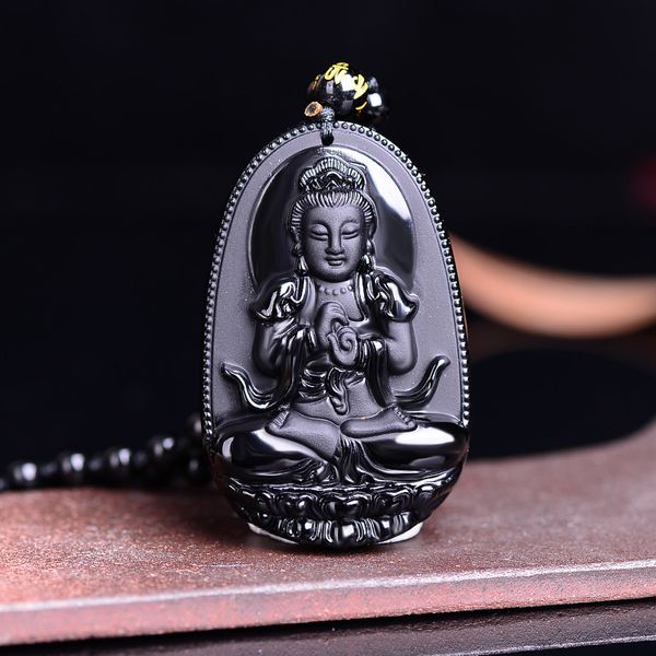

2018 unique natural black obsidian carved buddha lucky amulet pendant necklace for women men pendants jewelry, Silver