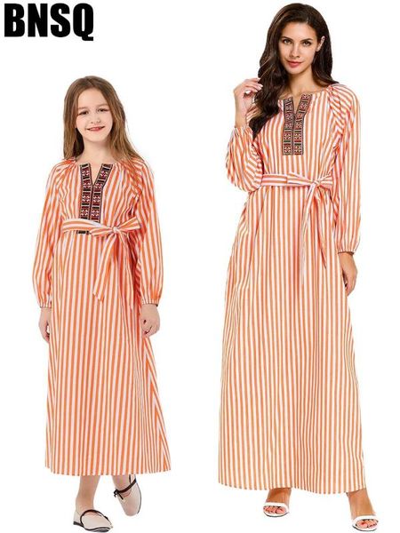 

muslim embroidery girls abaya striped maxi dress belt children family matching outfits kimono long robes eid ramadan islamic, Red
