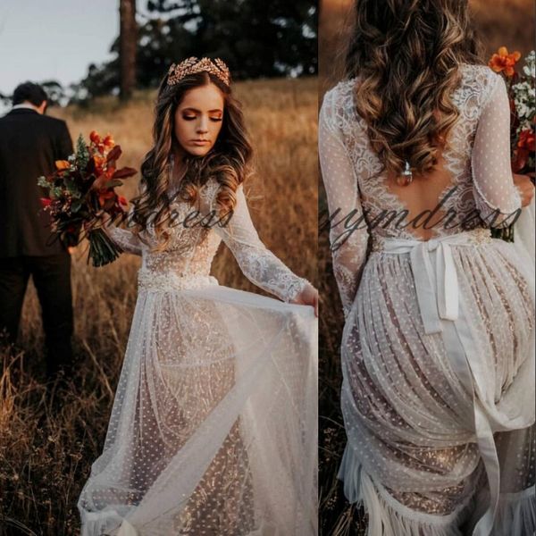 2019 Sexy Bohemian Brautkleider Langarm Spitze Applikationen Durchsichtig Sweep Zug Brautkleider Plus Size Vestido De Noiva Maßgeschneidert