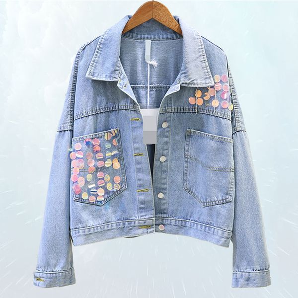 

2019 spring autumn fashion denim jacket women loose color sequins basic jacket casual female jean outwear streetwear sl237, Black;brown