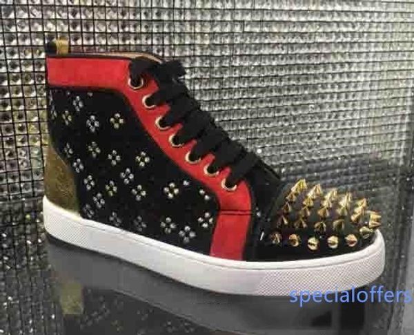 

2019 men black embroidery genuine suede leather with spiked embroidery high red bottom sneakers casual shoes men trainers