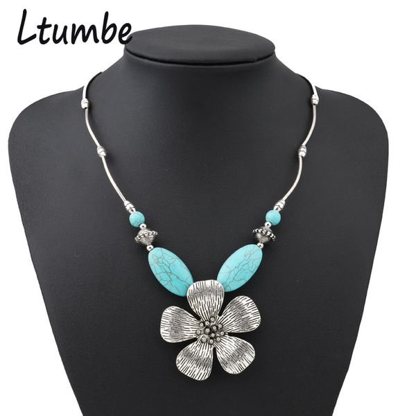 

ltumbe new boho natural stone beads necklaces pendants vintage punk style big flower necklaces for women jewelry handmade bijoux, Golden;silver