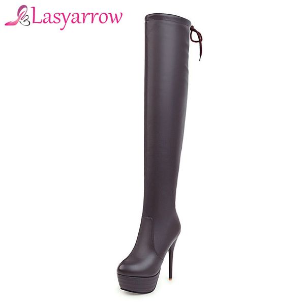 

lasyarrow autumn winter women's shoes high heels round toe platform shoes woman zipper slim boots long thigh boots rm118, Black