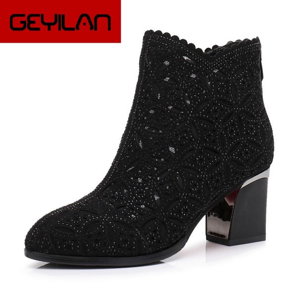

2019 spring autumn women ankle boots crystal high heels boots pointed toe thick heel short women's shoes big size, Black