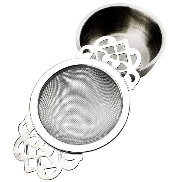 

tea strainers with drip bowls (2-pack); elegant stainless steel loose leaf tea strainers tea strainers