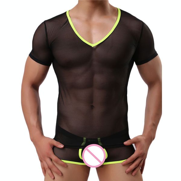 

man undershirts v-neck short sleeves mesh bodysuit basic t shirts gay men transparent see through underwear undershirt, Black;brown