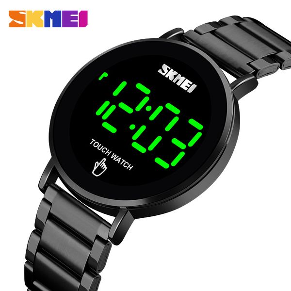 

skmei fashion men digital watch male touch screen led light display 3bar waterproof stainless steel strap montre homme 1550, Slivery;brown