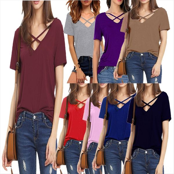 

2020 v-образный вырез сплошной цвет т- плечевой ремень женские ремни крест футболку база рубашка 11 цветных женщин, White