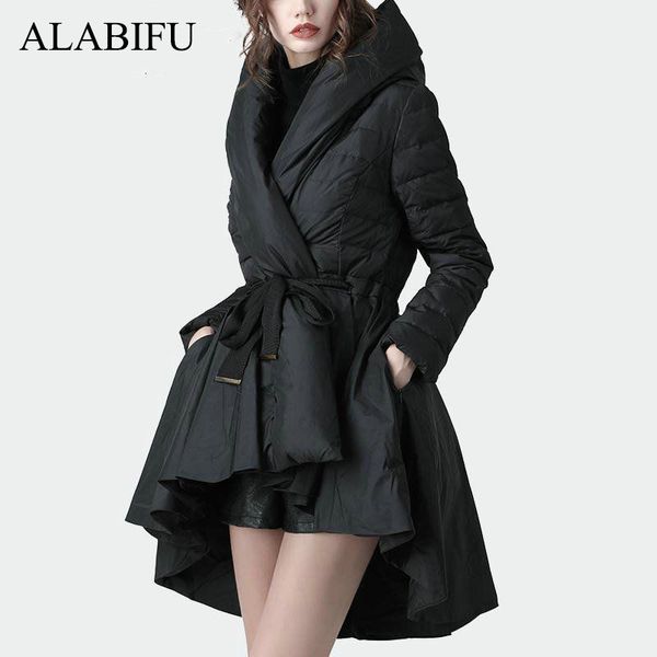 

alabifu winter elegant hooded parka women sashes pocket feminine warm jacket casual thick outwear women overcoats, Black