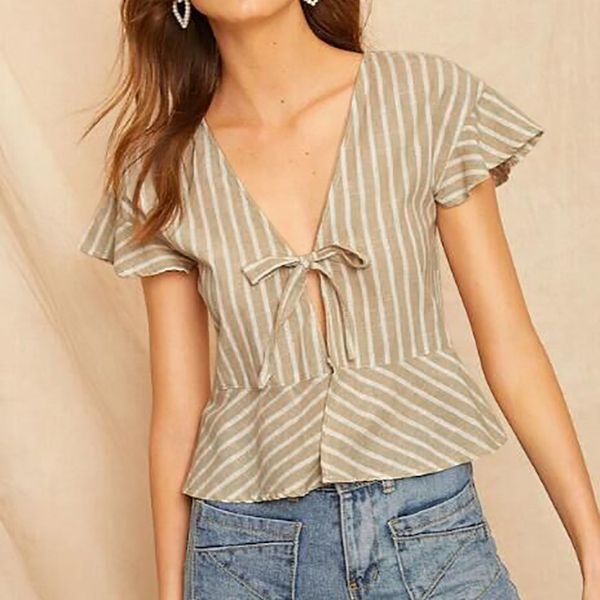 

women's summer casual stripe short sleeve fashion band shirt, White