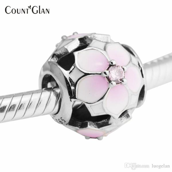 

2017 spring enamel cz magnolia bloom openwork charm 925 sterling silver flower beads fit pandora bracelet jewelry, Bronze;silver