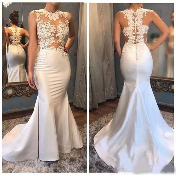 

2020 illusion bodices mermaid wedding dresses jewel neck sleeveless lace appliques bridal gowns custom made vestidos, White