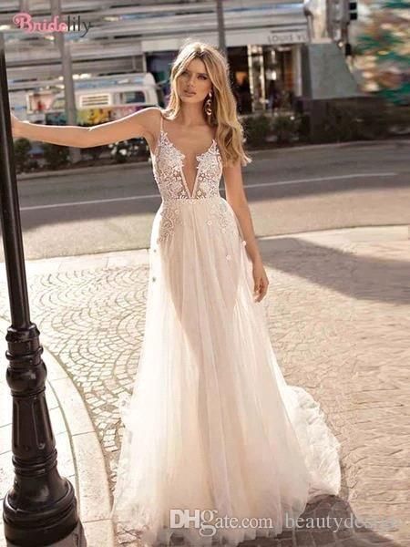 

bohemian lace backless beach wedding dresses deep v neck appliques bridal gown long tulle vestido de novia bm1609, White