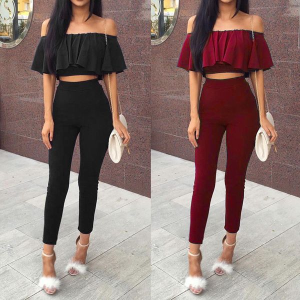 

Womens Two Piece Pants Crop Top Playsuit Jumpsuit Balck Red Pants High Waist Party Clubwear Night Out Set Size