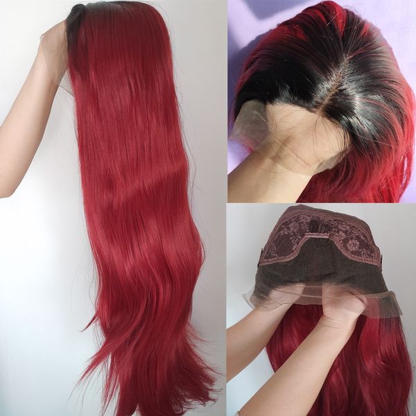 

1b/99j synthetic hair lace front wig natural hairline glueless heat resistant synthetic wig ombre burgundy long straight hair wig cosplay, Black