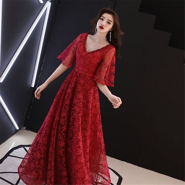 

print flower maxi evening dress women lace cheongsam v-neck luxury vestidos de festa full length bride wedding dresses, Red