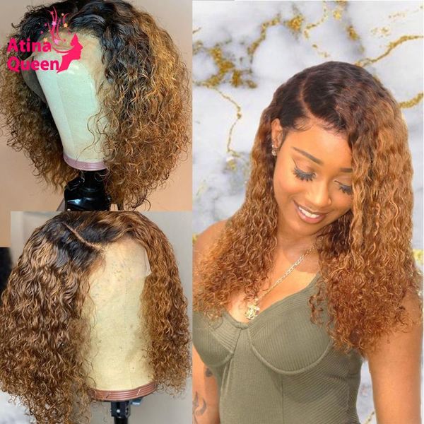 Colored Deep Part 13x6 Short Curly Bob Wig Black Roots Ombre