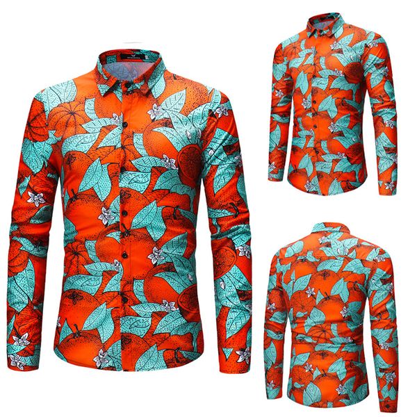 

men fashion green leaf orange printing printed blouse long sleeve shirts mens dress formal shirts men casual #g8, White;black