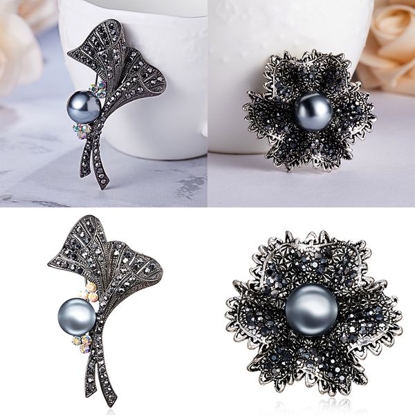 

belleper black gun plated simulated pearl brooch pin vintage rhinestone leaf brooches for women gift elegant black flower brooch, Gray