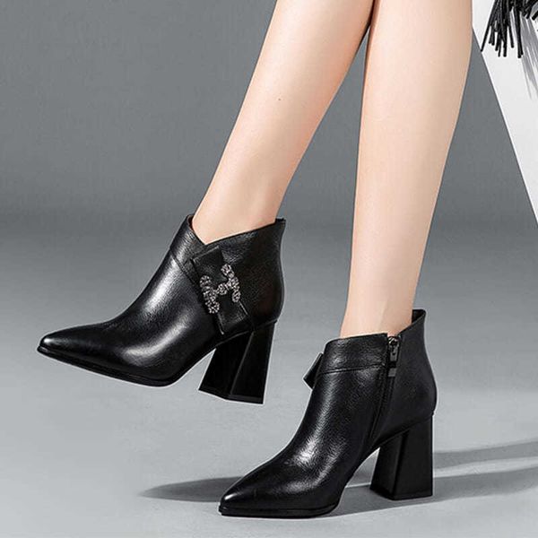 

2020 spring boots women ankle boot mid heels rhinestone buckle soft leather shoes for female booties pointed toe black