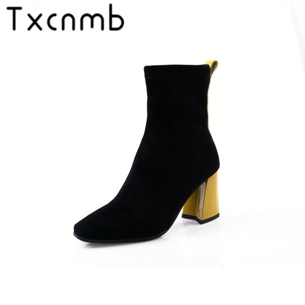 

txcnmb booties women suede leather mid-calf boots natural suede high heels boots fashion spring ladies shoes, Black