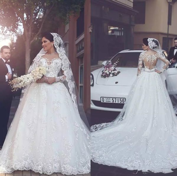 

luxury ball gown wedding dresses lace applique beaded sweep train dubai arabic country bridal dress jewel neck plus size wedding gowns, White