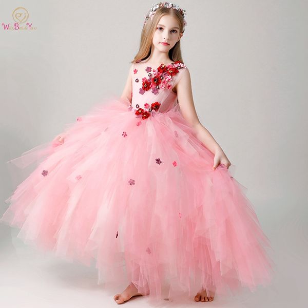 

pink flower girl dresses 2019 first comunion sleeveless ball gown ruffles tiered floral floor length long party birthday gowns, Red;yellow