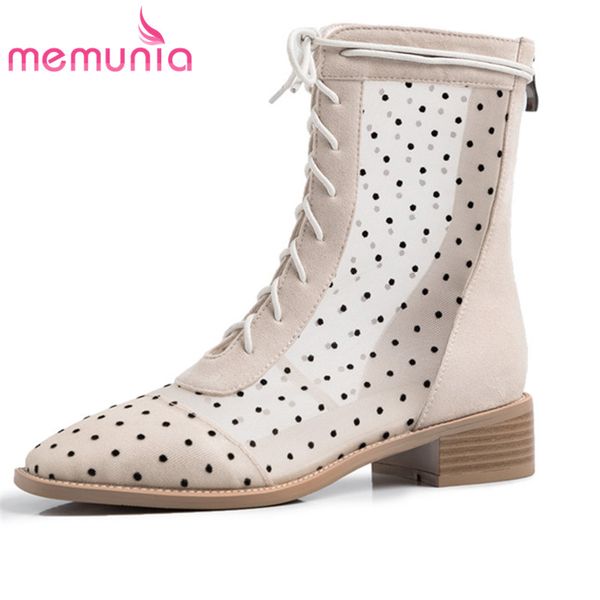 

memunia 2020 new arrive ankle boots women mesh round toe lace up summer boots comfortable square heels casual shoes woman, Black