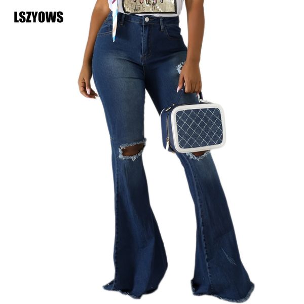 

осенняя мода рваных джинсов женщина эластичной высокой талия denim pant wide leg брюки женского повседневный vintage расклешенного flare брю, Blue