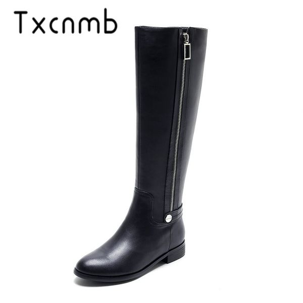 

txcnmb 2019 boots women knee high boots for women winter genuine leather 3cm high heel shoes woman szie 41 42, Black