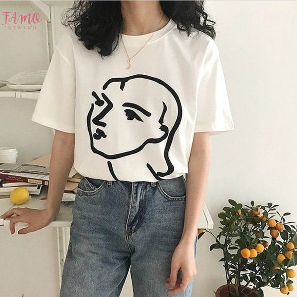 

korean fashion art drawing t shirt women abstract couple graphic tee cute ulzzang henri matisse line drawing face art t shirt, White