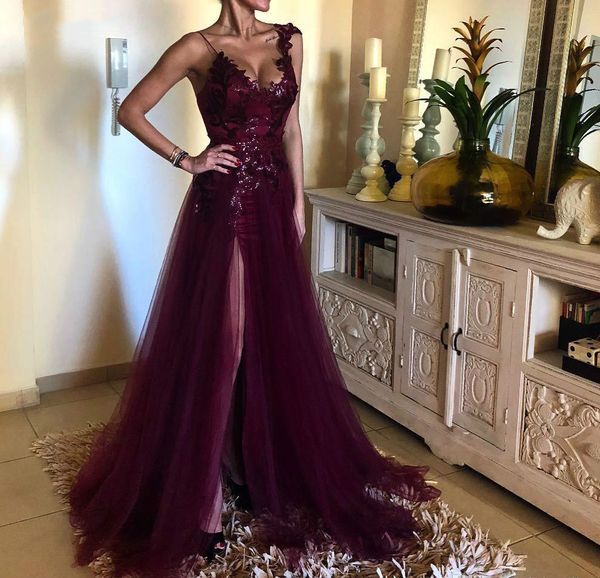 

spaghetti sweetheart neck high split purple prom dresses 2020 new fashion shiny applique tulle a-line evening dress cocktail dress, Black