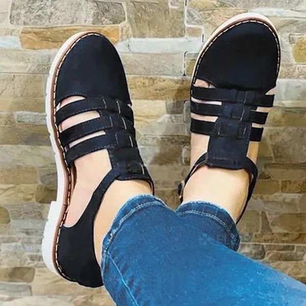 

2020 summer women sandals on casual flats woman ladies retro female slip hollow out shoes women's beach footwear plus size, Black