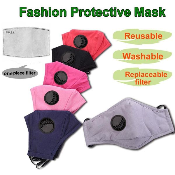 Prezzo più basso! Maschere per il viso in cotone unisex riutilizzabili con valvola respiratoria PM2.5 Maschera per la bocca Maschera in tessuto antipolvere Maschera lavabile con filtro