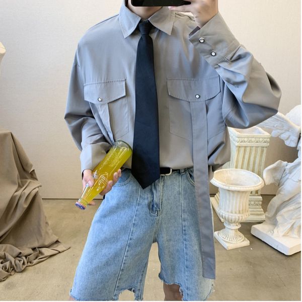 

2019 spring and autumn new couples wear chic ribbon solid color korean long-sleeved temperament shirt white black / gray -2xl