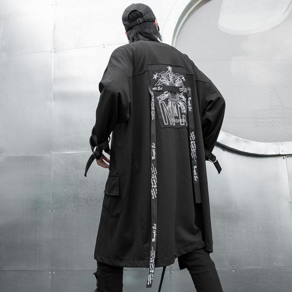 

men autumn winter ribbons patchwork punk long trench coat wool jacket men's hip hop vintage overcoat casaco masculino, Black