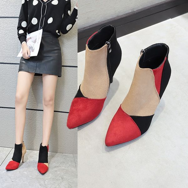 

patchwork autumn winter boots female pointed toe thin high heels ankle boots for women shoes zipper ladies shoes woman, Black