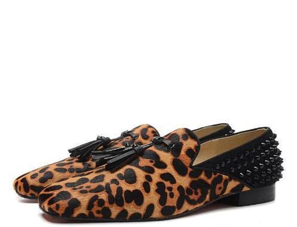 

size 39-46 mens leopard suede with genuine leather spikes & tassel red bottom loafers, gentleman fashion stress casual shoes, Black