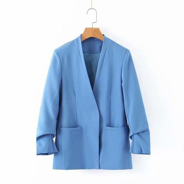 

genayooa office blazer women jacket blue ladies suit 2019 autumn temperament wind fold sleeve suit loose coat woman, White;black