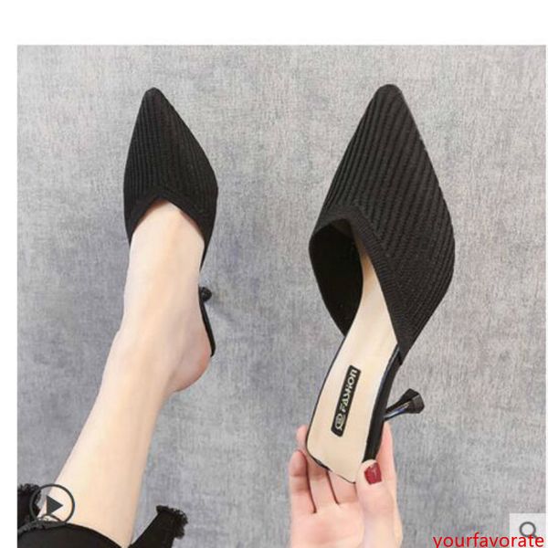 

net red lazy baotou half slippers women wear 2019 summer new knitted stiletto pointed high heel sandals autumn