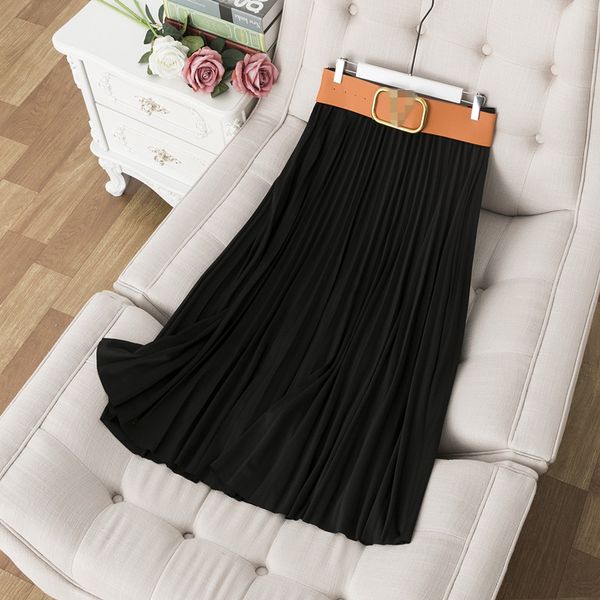 

designer 2019 black/khaki pleats long women's skirts high end v belt milan runway skirts womens yy-43
