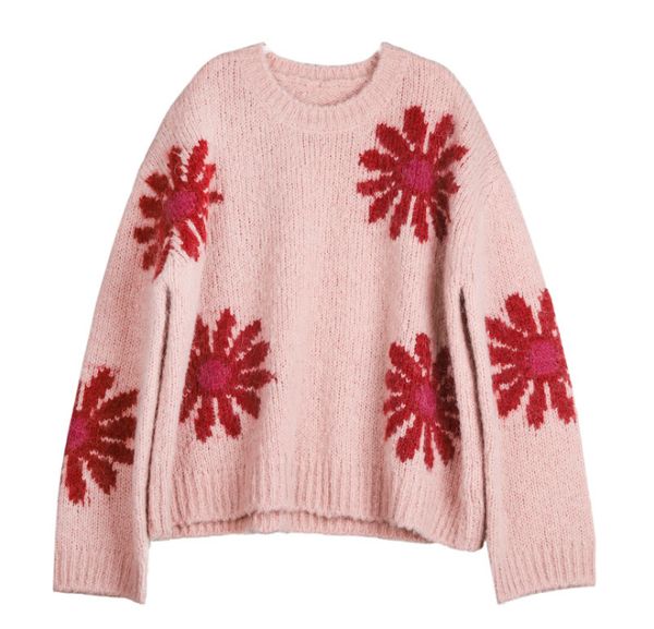 

2019 autumn new women luxury loose floral pattern women designer sweater crew neck fashion sweaters woman embroidery sweater knit, White;black