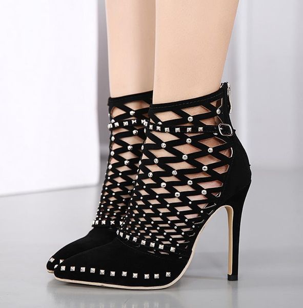 

luxury black rivets strappy pointy toe high heel shoes discounted designer shoes size 35 to 40