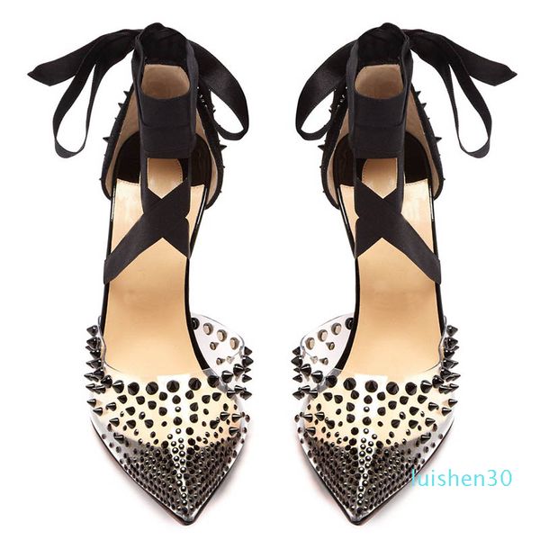 

2019 женщины на высоком каблуке с красной подошвой zj05 остроконечные пвх заклепки механические лодыжки обмотки ленты насос ногтей покрытие, Black