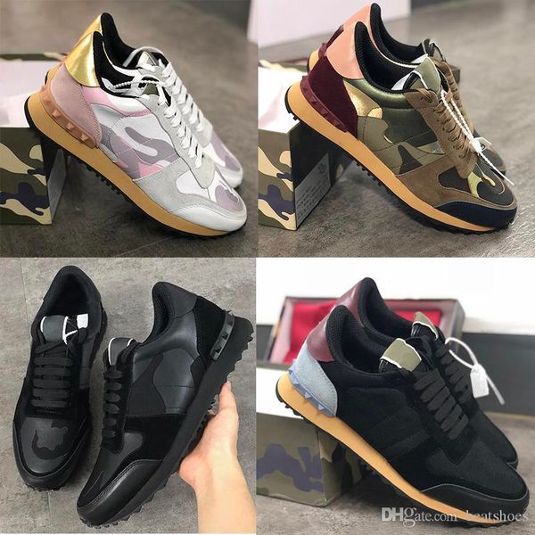

designer rockrunner camouflage sneakers mens studded leather rock runner shoes women flats trainers fashion mesh leather shoes size 35-45, Black