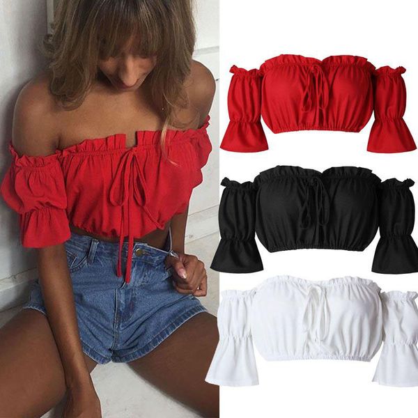 

womens fashion summer short sleeved slash neck off-shoulder crop shirt tee blouse, White