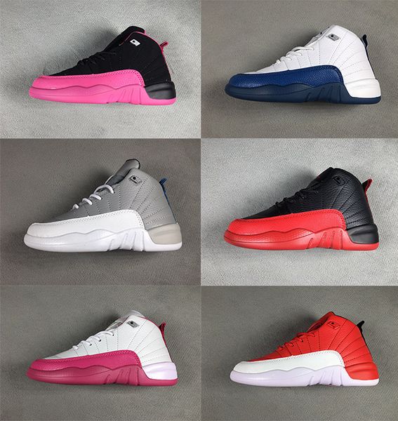 

kids basketball shoes 12 12s white playoffs french blue taxi gamma blue flu game boys sports sneakers, Black