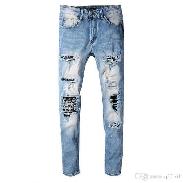

new mens designer ripped skinny straight slim elastic luxry denim fit biker jeans pants long pants ripped stylish straight slim rivet jeans