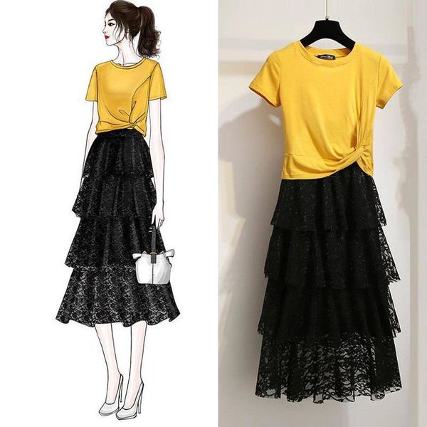 

new 2019 summer women fashion sweet two piece set female o neck shirt + lace skirt sets ladies vintage plus size 3xl suits f52, White