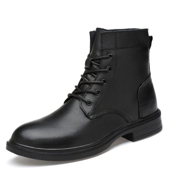 

man winter boots plush fur warm snow shoes male boot genuine leather high walking footwear, Black
